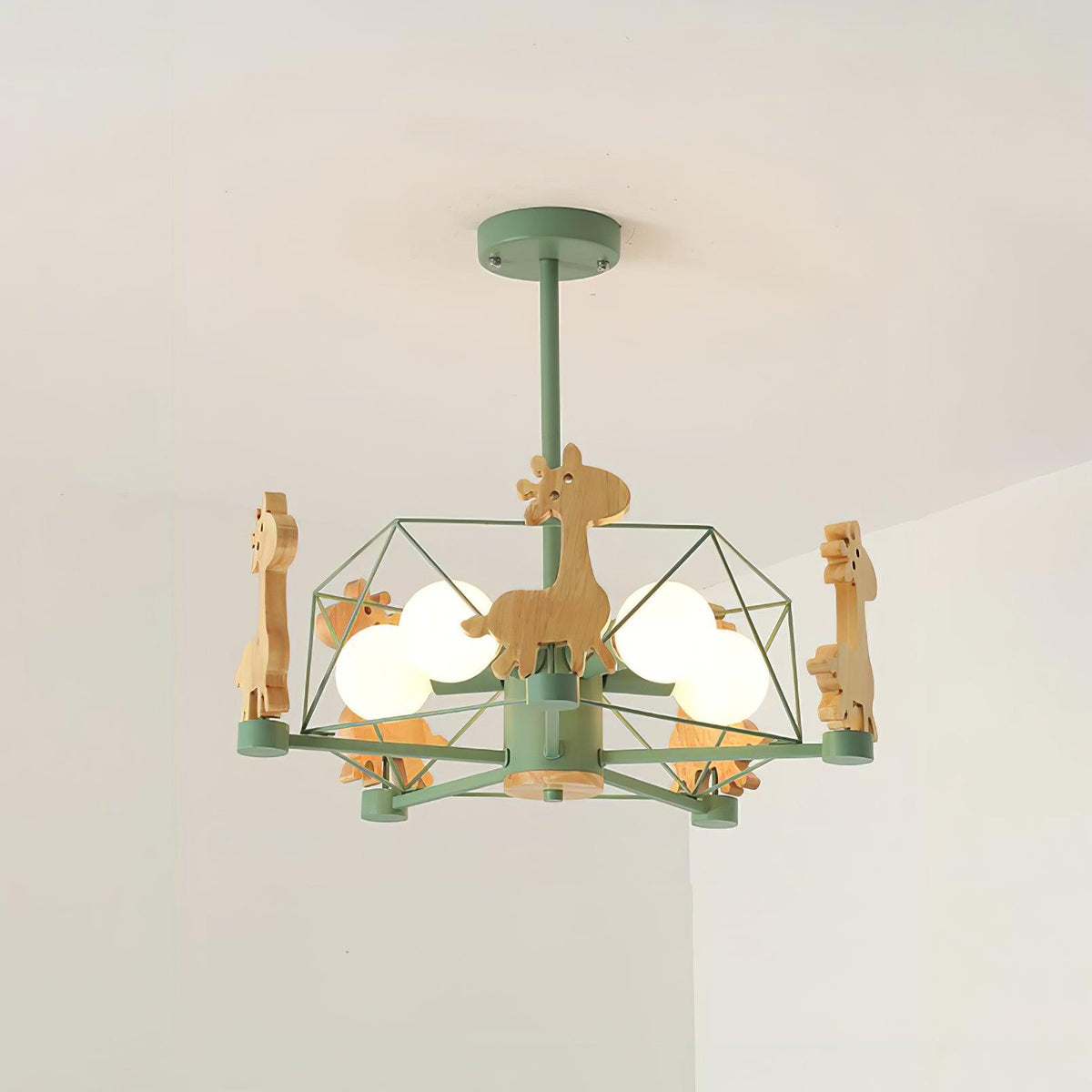 Lovely Deer Wooden Chandelier ? 20.8″ x H 18.5″ / Dia 53cm x H 47cm / Green & Natural wood Chandelier
