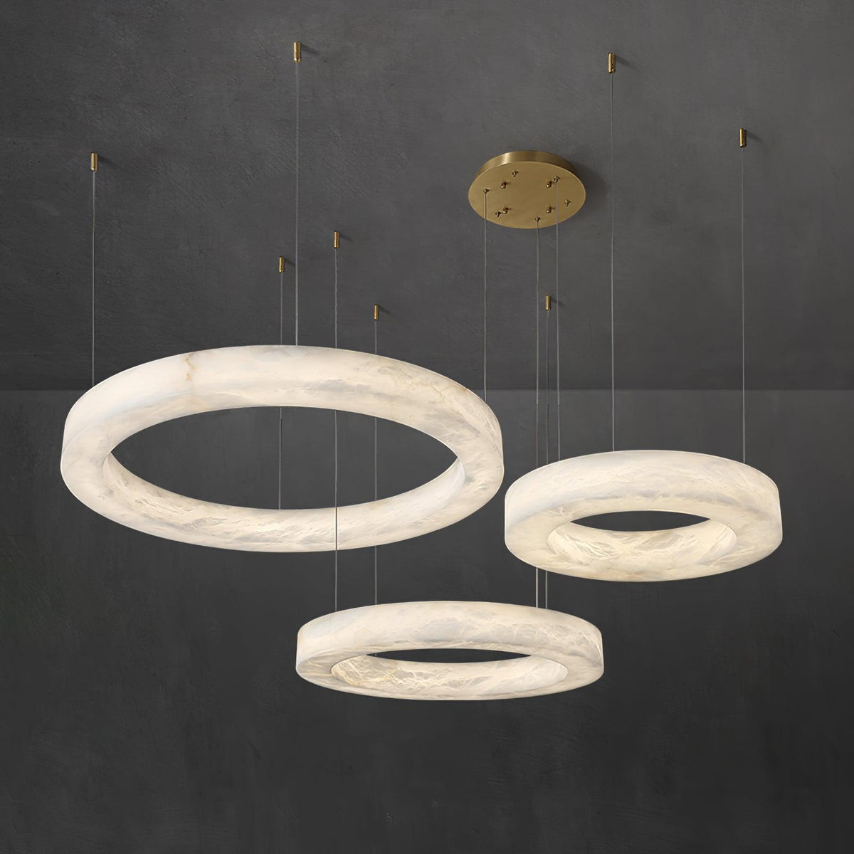 Marika Alabaster Chandelier 3 Rings L 23.6″+31.5″+39.4″ / 60cm + 80cm + 100cm / Brass & White Alabaster / Warm White