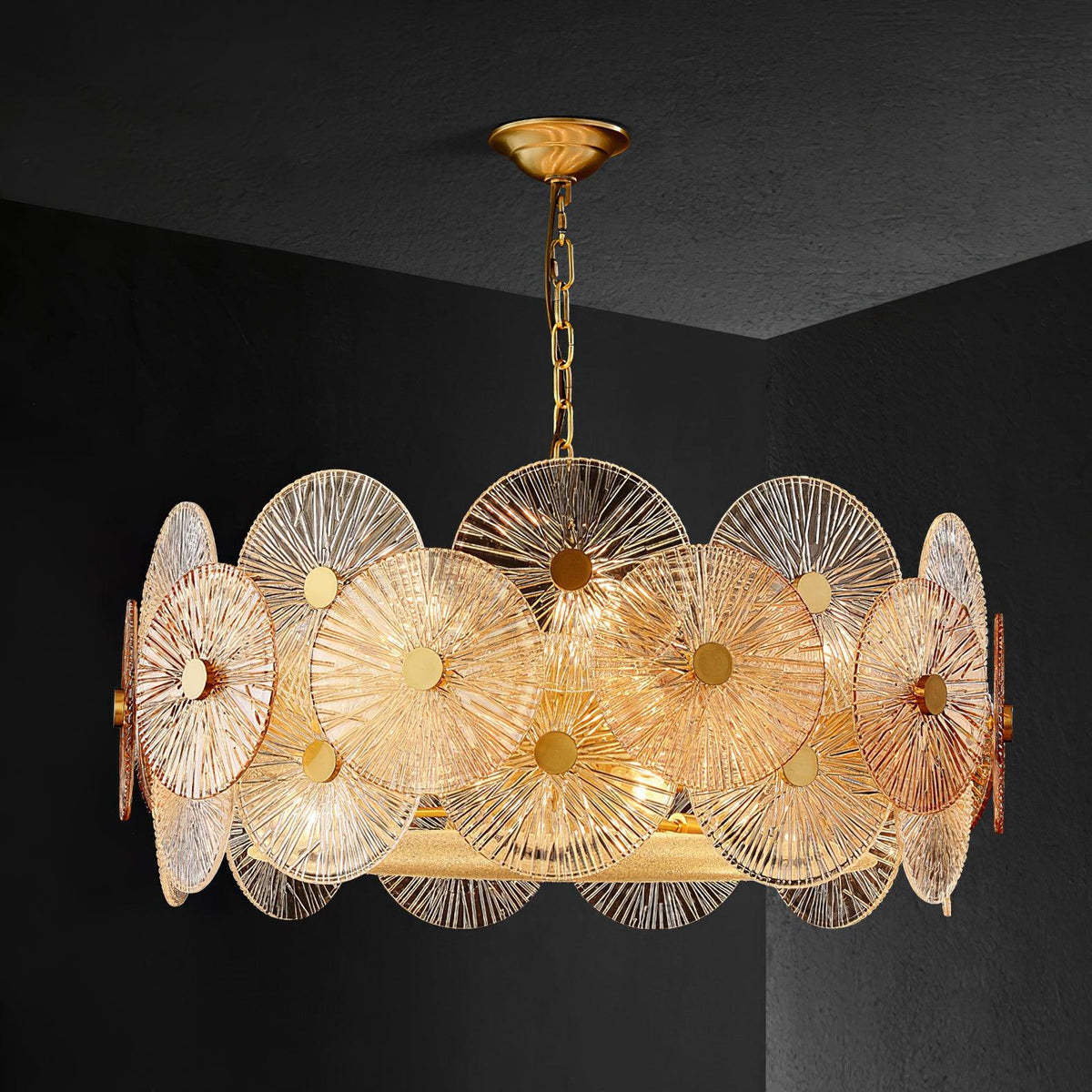 Maytoni Aster Chandelier ? 39.4″ x H 13.8″ / Dia 100cm x H 35cm / Gold & Amber Chandelier