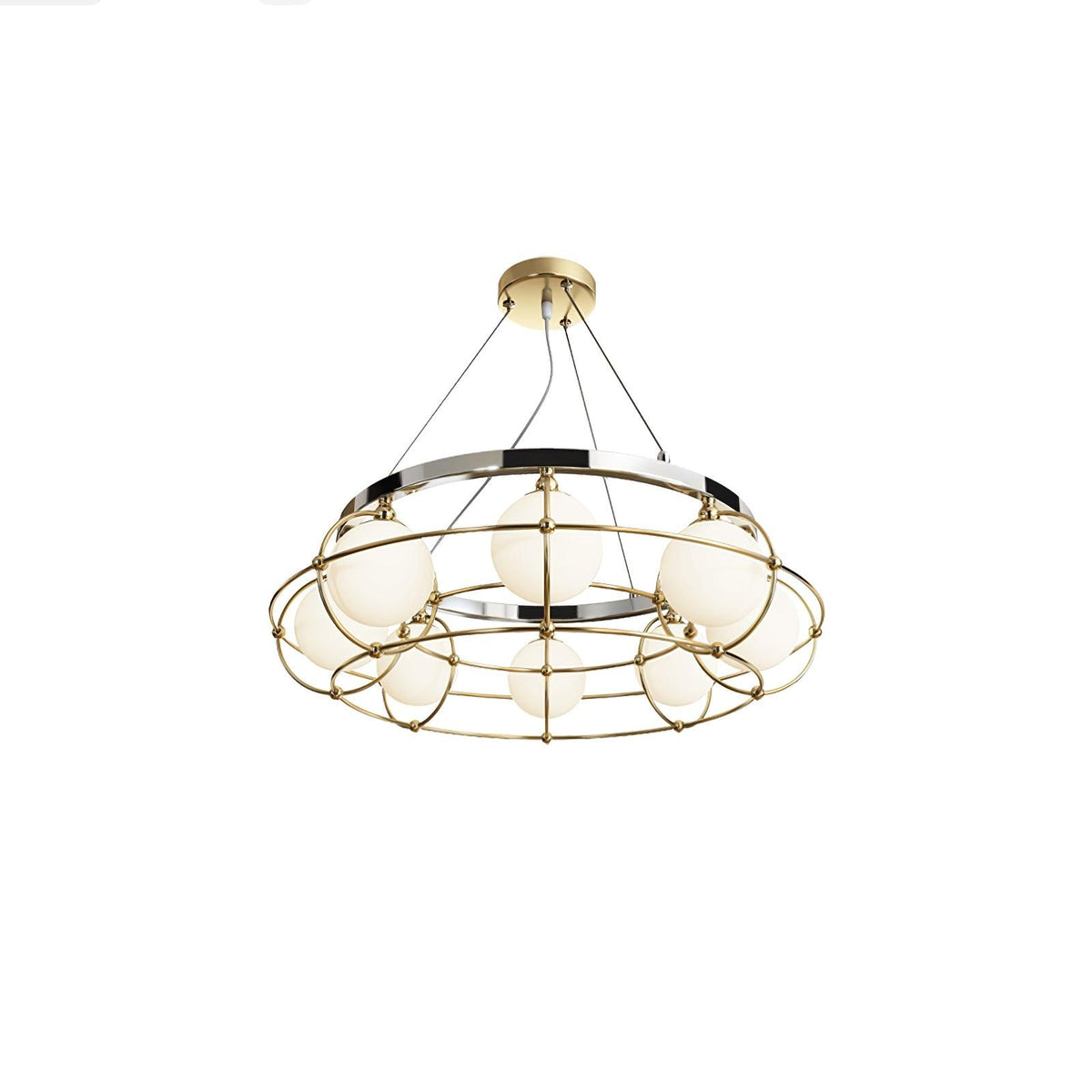 Maytoni Round Chandelier 8 lamps ∅ 23.6″ x H 59″ / Dia 60cm x H 150cm / Titanium Gold & Chrome & White / Warm Light