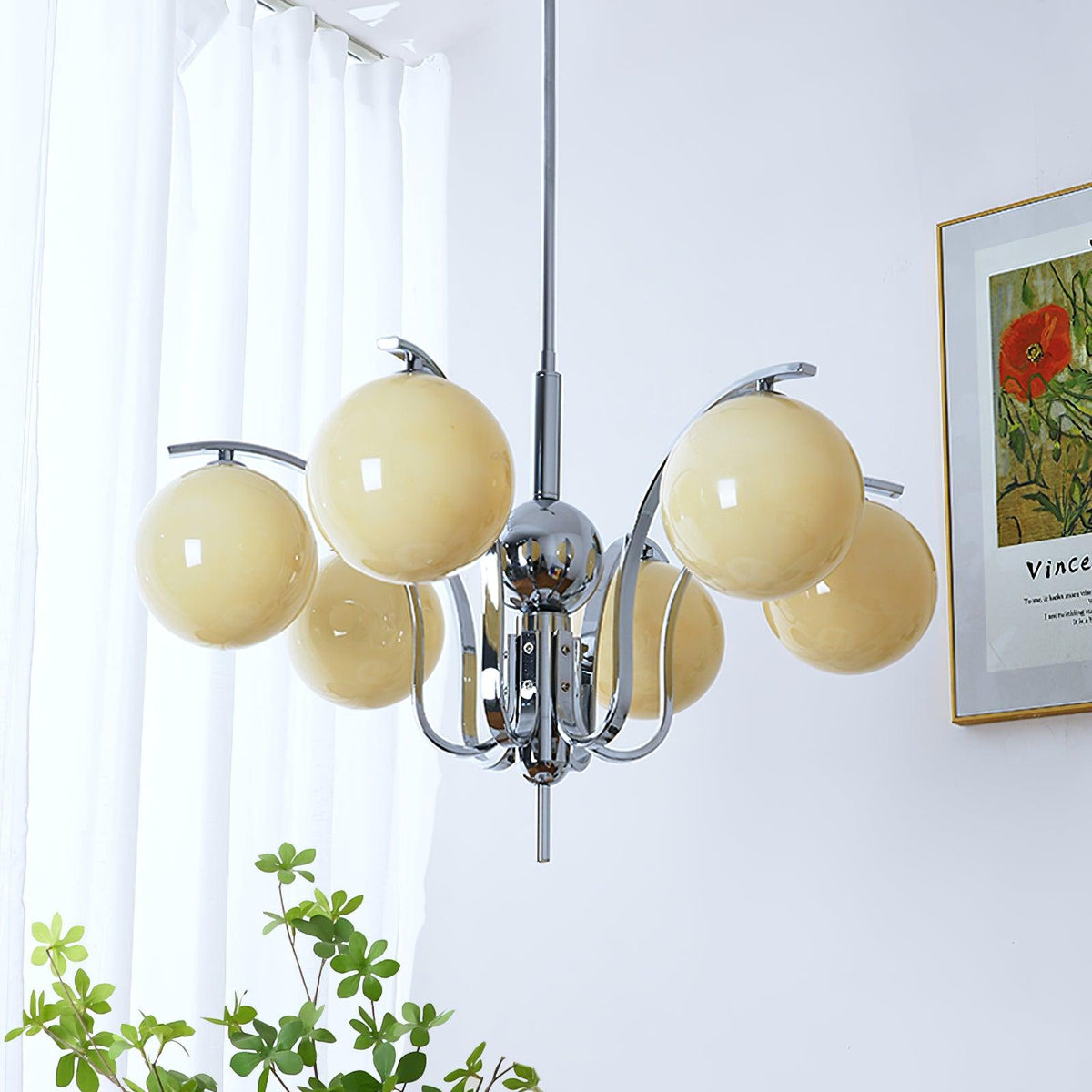 Modo Deco Chandelier 6 heads ? 26.7″ x H 15.7″/ Dia 68cm x H 40cm / Chrome & Beige Chandelier