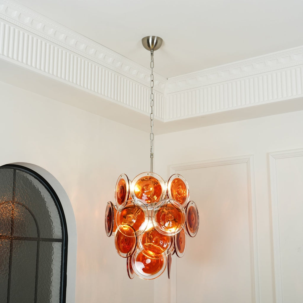 Murano Orange Disk Glass Chandelier ? 19.7″ x H 21.3″ / Chrome & Orange Chandelier