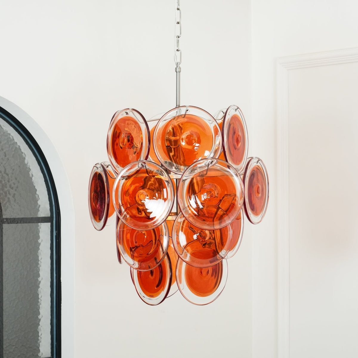 Murano Orange Disk Glass Chandelier ? 19.7″ x H 21.3″ / Chrome & Orange Chandelier