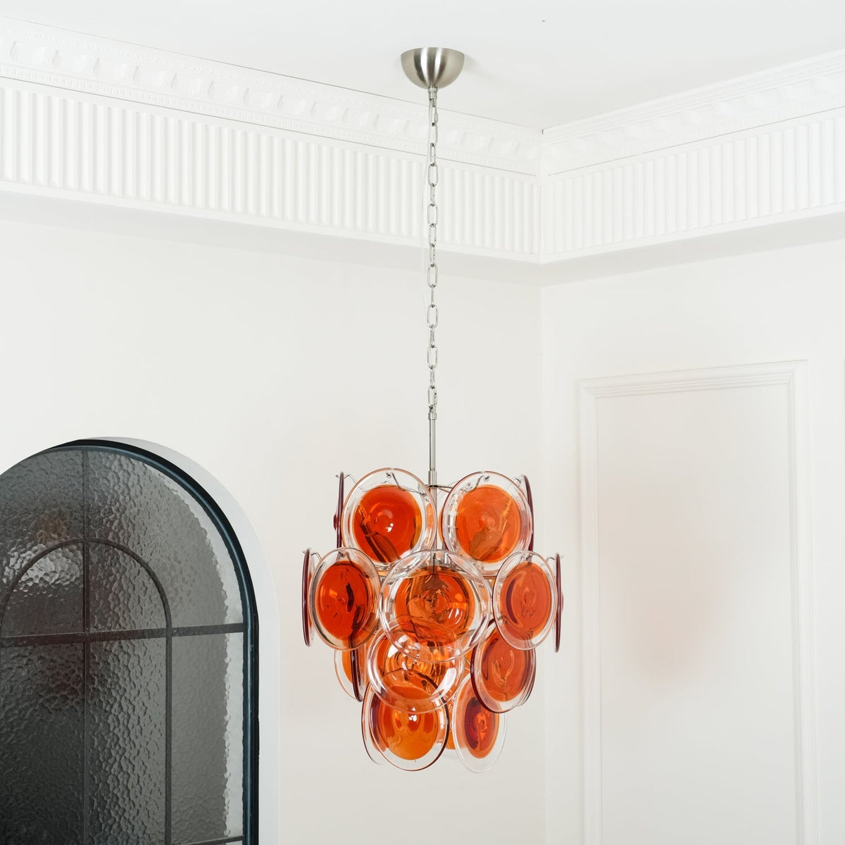 Murano Orange Disk Glass Chandelier ? 19.7″ x H 21.3″ / Chrome & Orange Chandelier