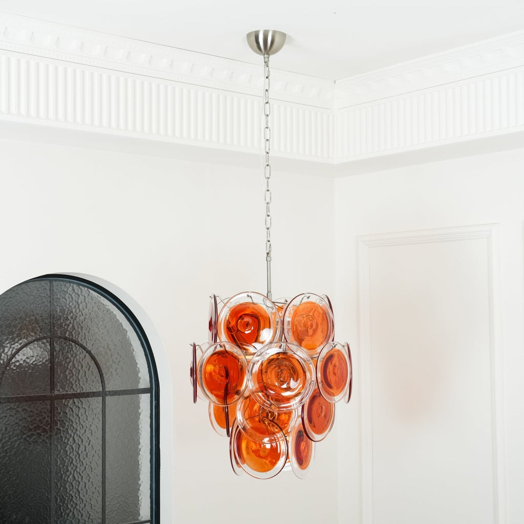 Murano Orange Disk Glass Chandelier ? 19.7″ x H 21.3″ / Chrome & Orange Chandelier