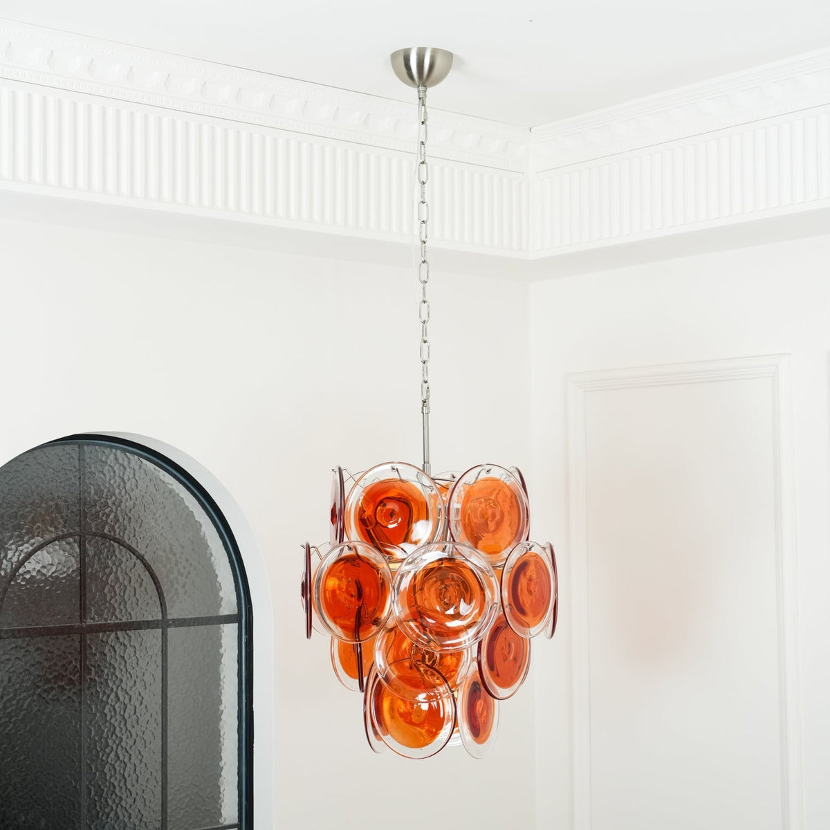 Murano Orange Disk Glass Chandelier ? 19.7″ x H 21.3″ / Chrome & Orange Chandelier
