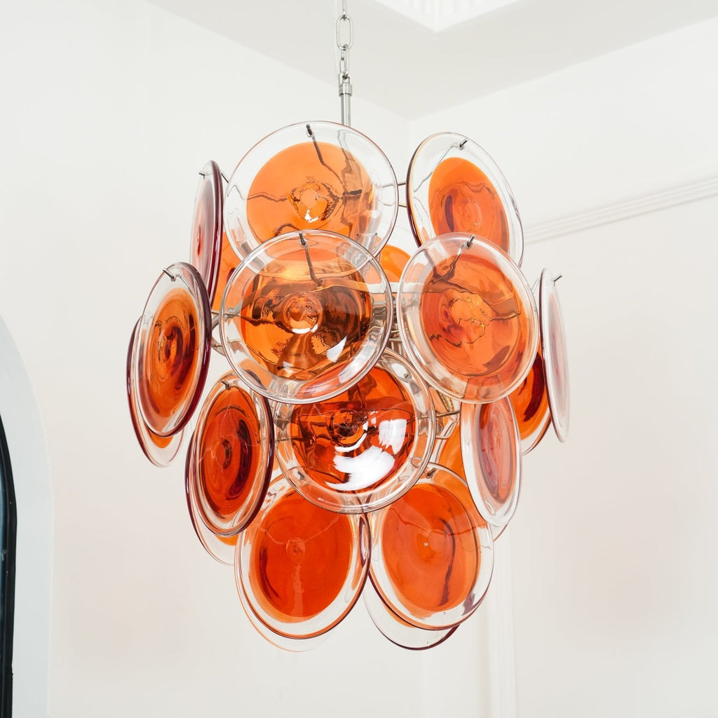 Murano Orange Disk Glass Chandelier ? 19.7″ x H 21.3″ / Chrome & Orange Chandelier