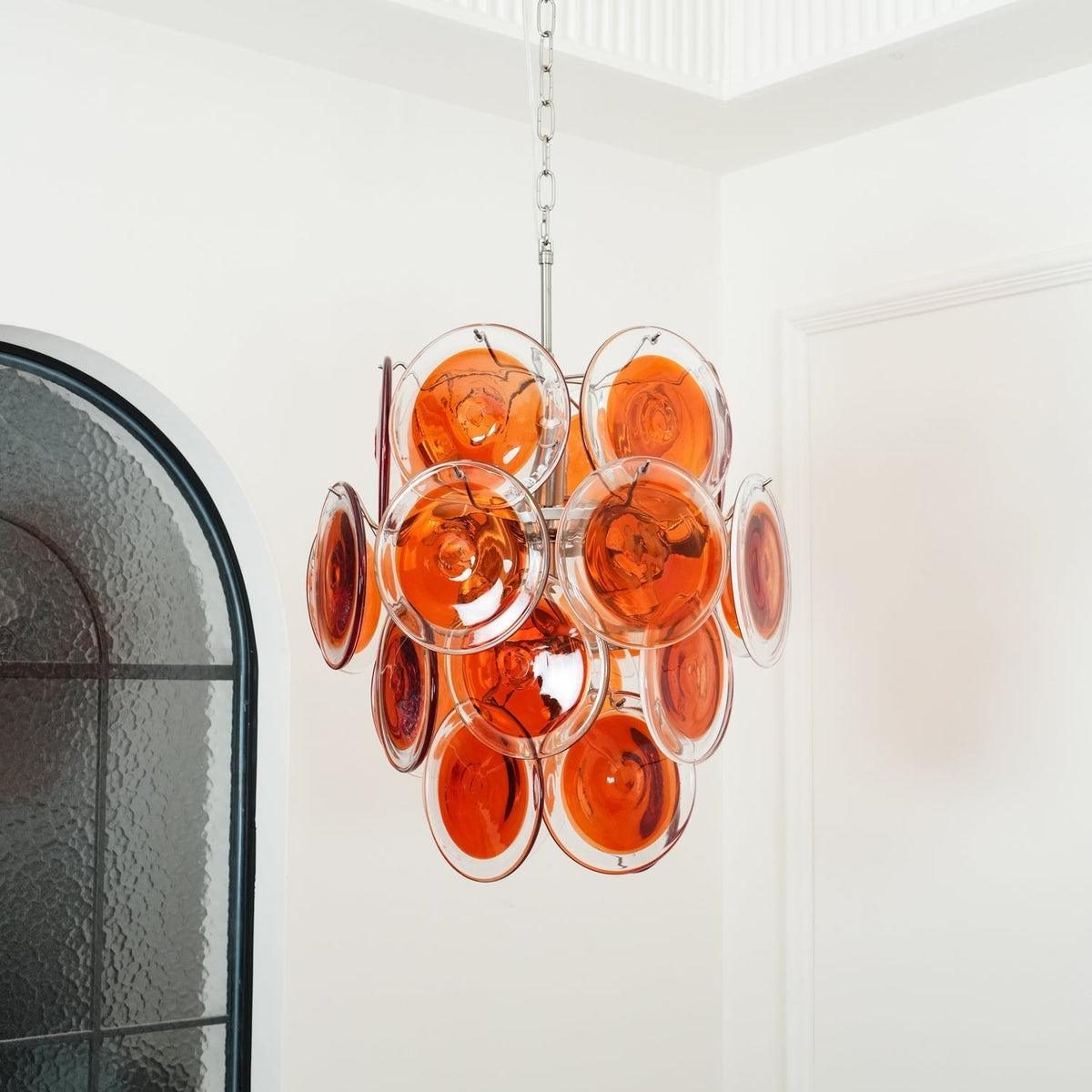 Murano Orange Disk Glass Chandelier ? 19.7″ x H 21.3″ / Chrome & Orange Chandelier