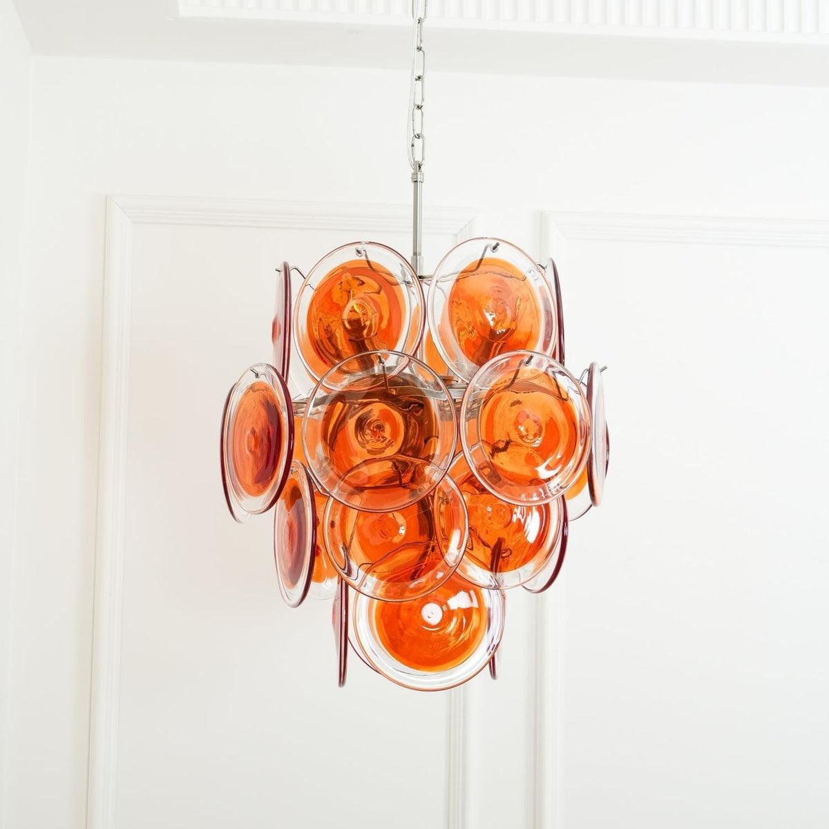 Murano Orange Disk Glass Chandelier ? 19.7″ x H 21.3″ / Chrome & Orange Chandelier