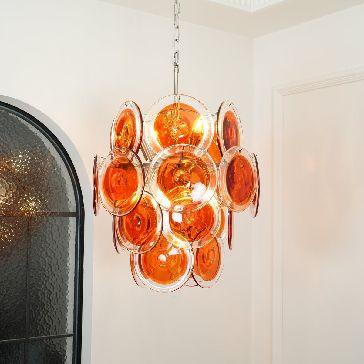 Murano Orange Disk Glass Chandelier ? 19.7″ x H 21.3″ / Chrome & Orange Chandelier