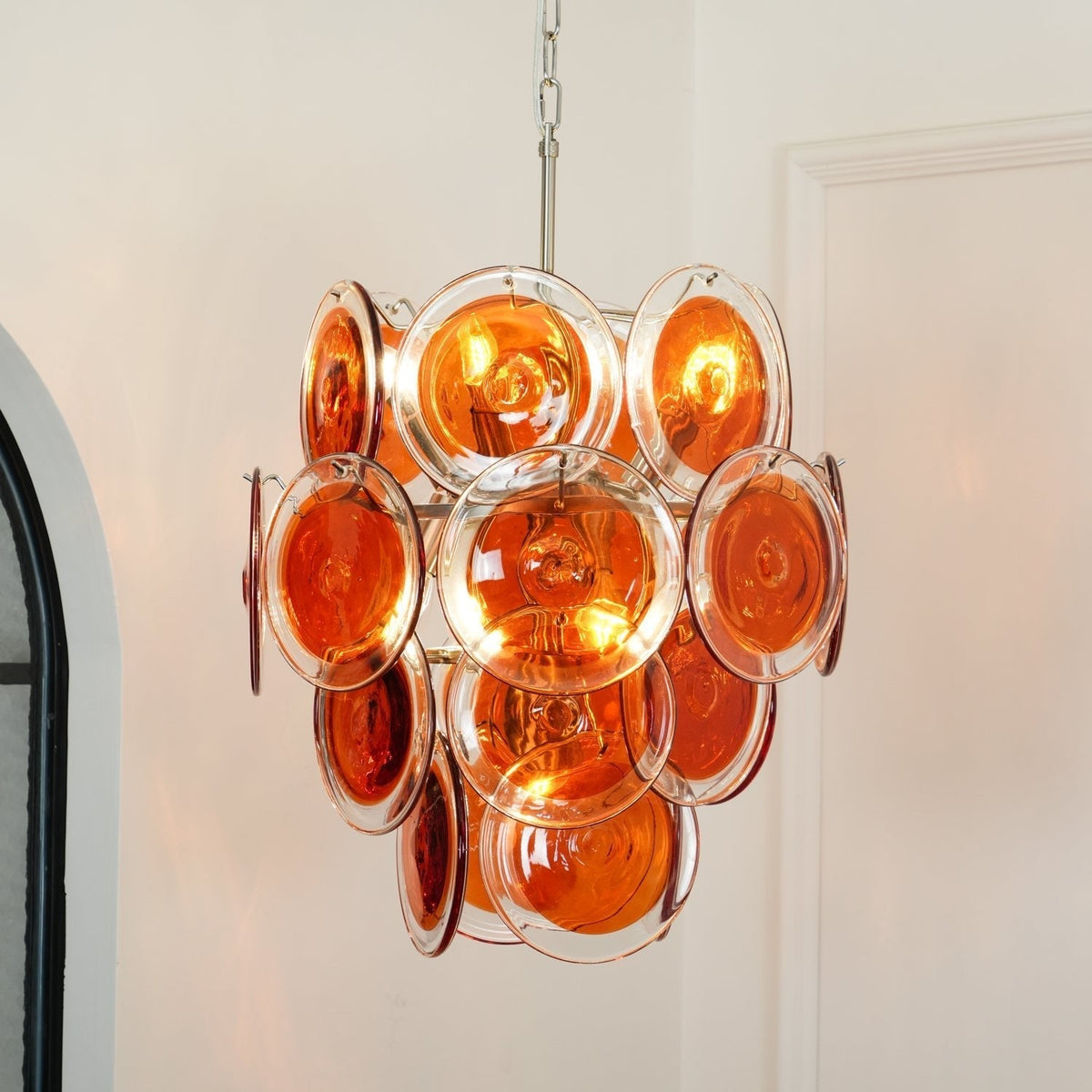 Murano Orange Disk Glass Chandelier ? 19.7″ x H 21.3″ / Chrome & Orange Chandelier