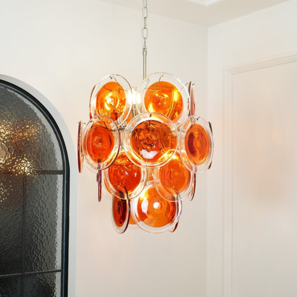 Murano Orange Disk Glass Chandelier ? 19.7″ x H 21.3″ / Chrome & Orange Chandelier