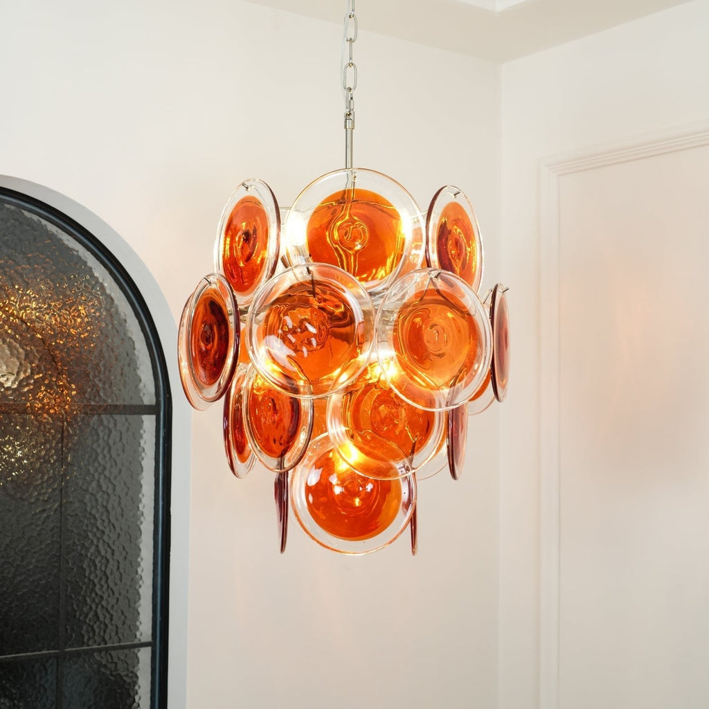 Murano Orange Disk Glass Chandelier ? 19.7″ x H 21.3″ / Chrome & Orange Chandelier