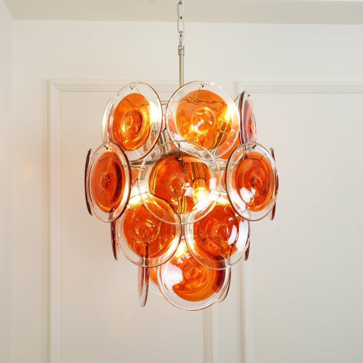 Murano Orange Disk Glass Chandelier ? 19.7″ x H 21.3″ / Chrome & Orange Chandelier