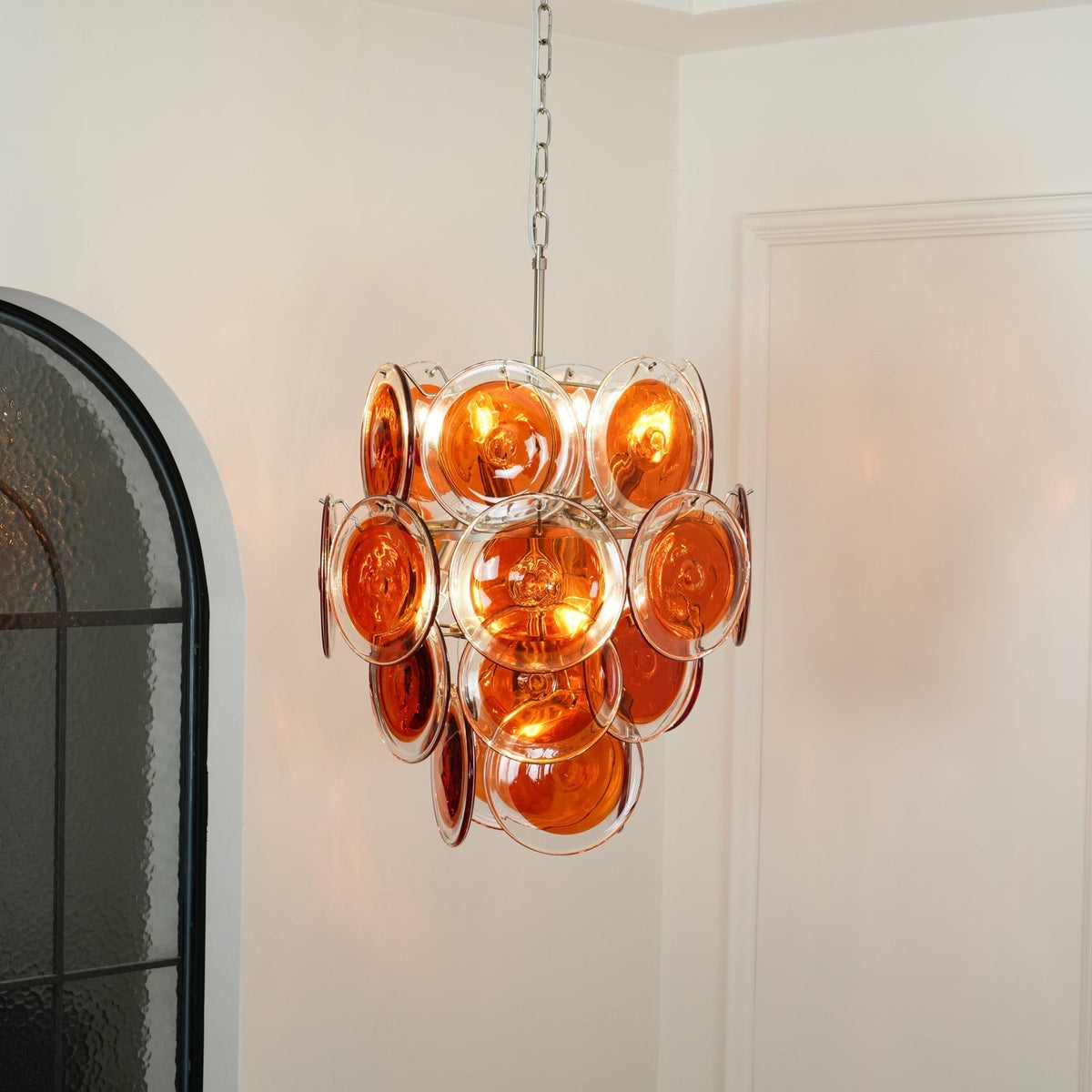 Murano Orange Disk Glass Chandelier ? 19.7″ x H 21.3″ / Chrome & Orange Chandelier