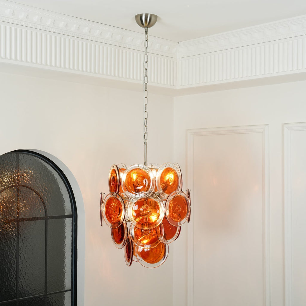 Murano Orange Disk Glass Chandelier ? 19.7″ x H 21.3″ / Chrome & Orange Chandelier