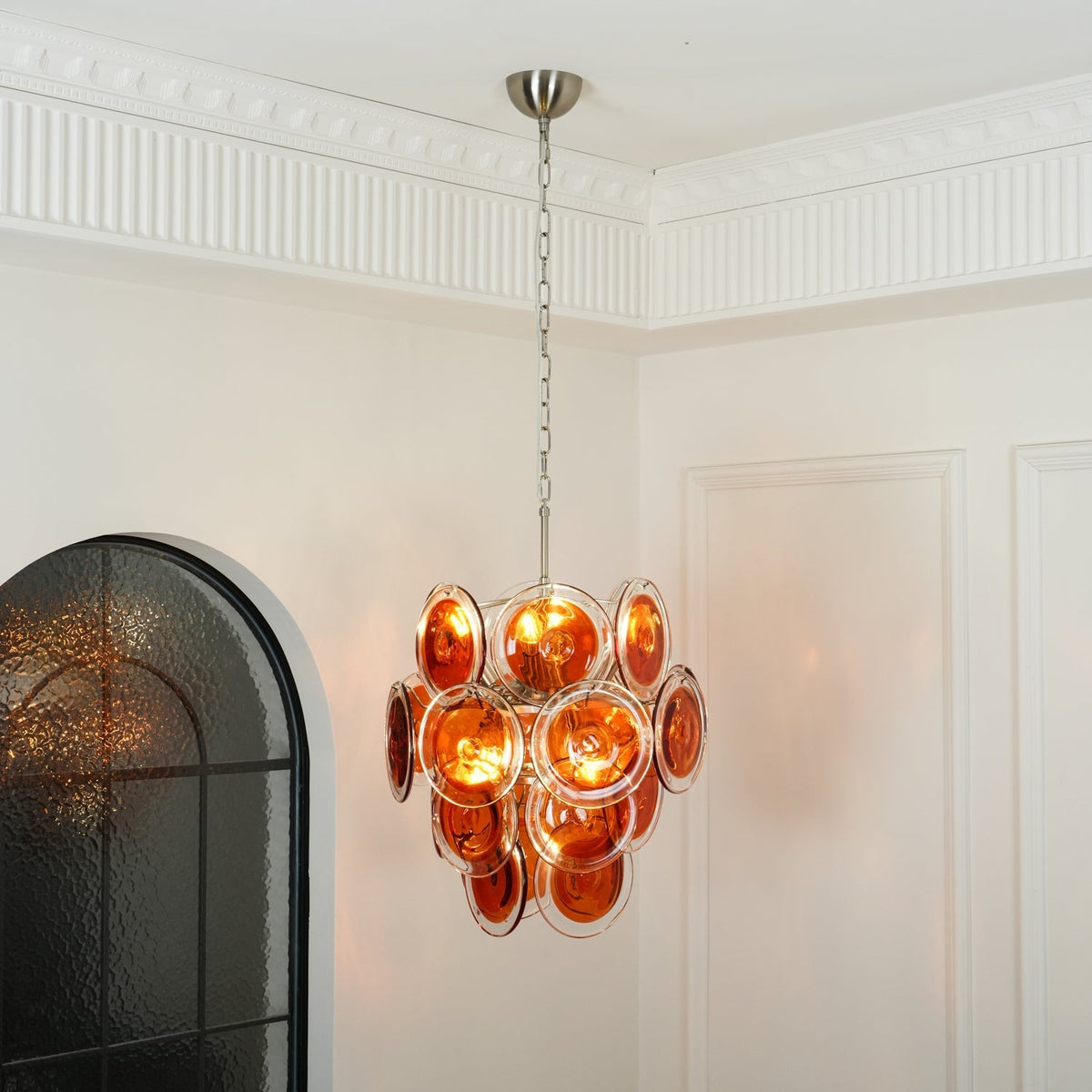 Murano Orange Disk Glass Chandelier ? 19.7″ x H 21.3″ / Chrome & Orange Chandelier