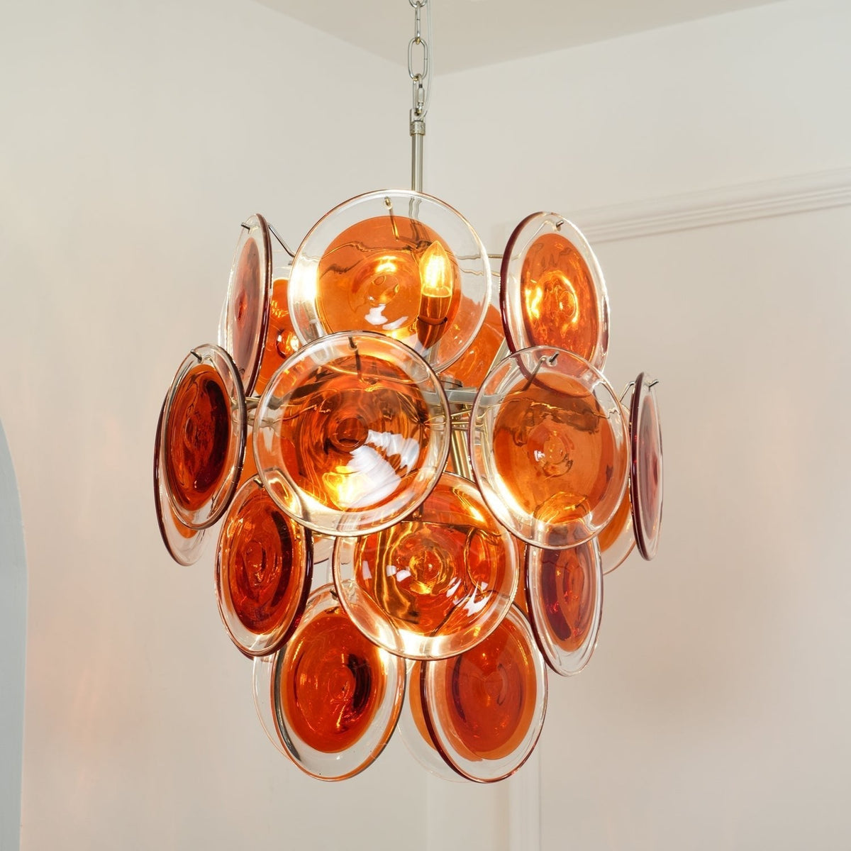 Murano Orange Disk Glass Chandelier ? 19.7″ x H 21.3″ / Chrome & Orange Chandelier