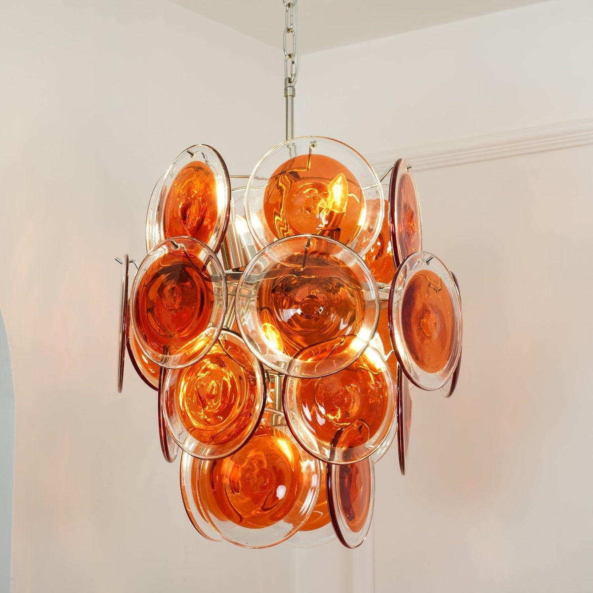 Murano Orange Disk Glass Chandelier ? 19.7″ x H 21.3″ / Chrome & Orange Chandelier