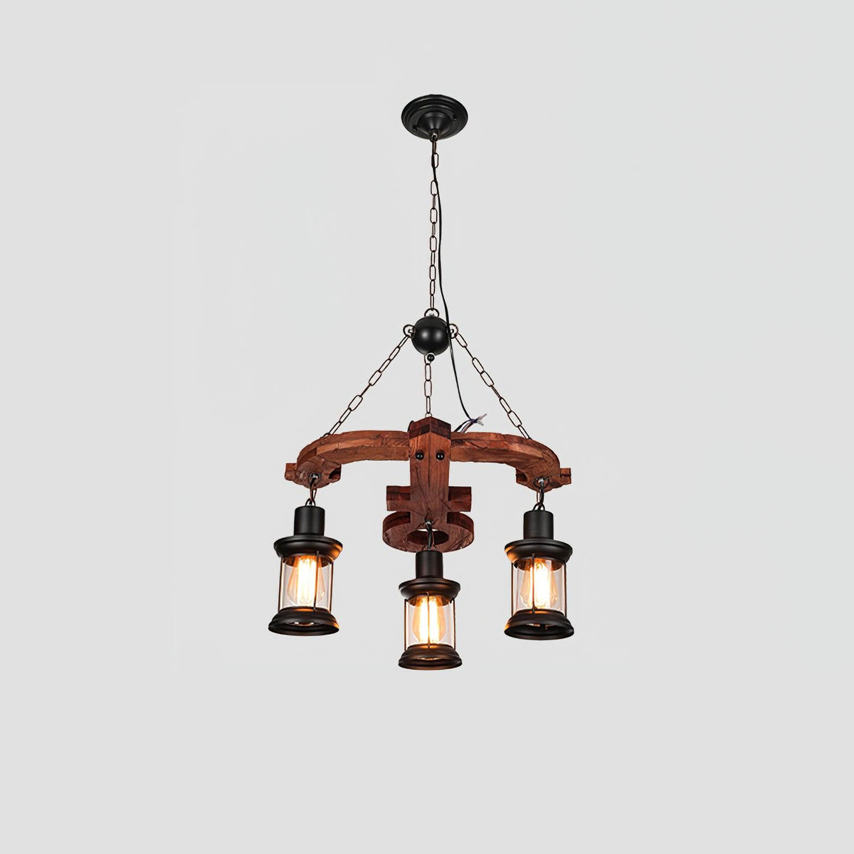 Nautical Industrial Style Wooden Chandelier Model C ? 21.7″ x H 39.4″ / Dia 55cm x H 100cm / Black & Brown wood & Clear