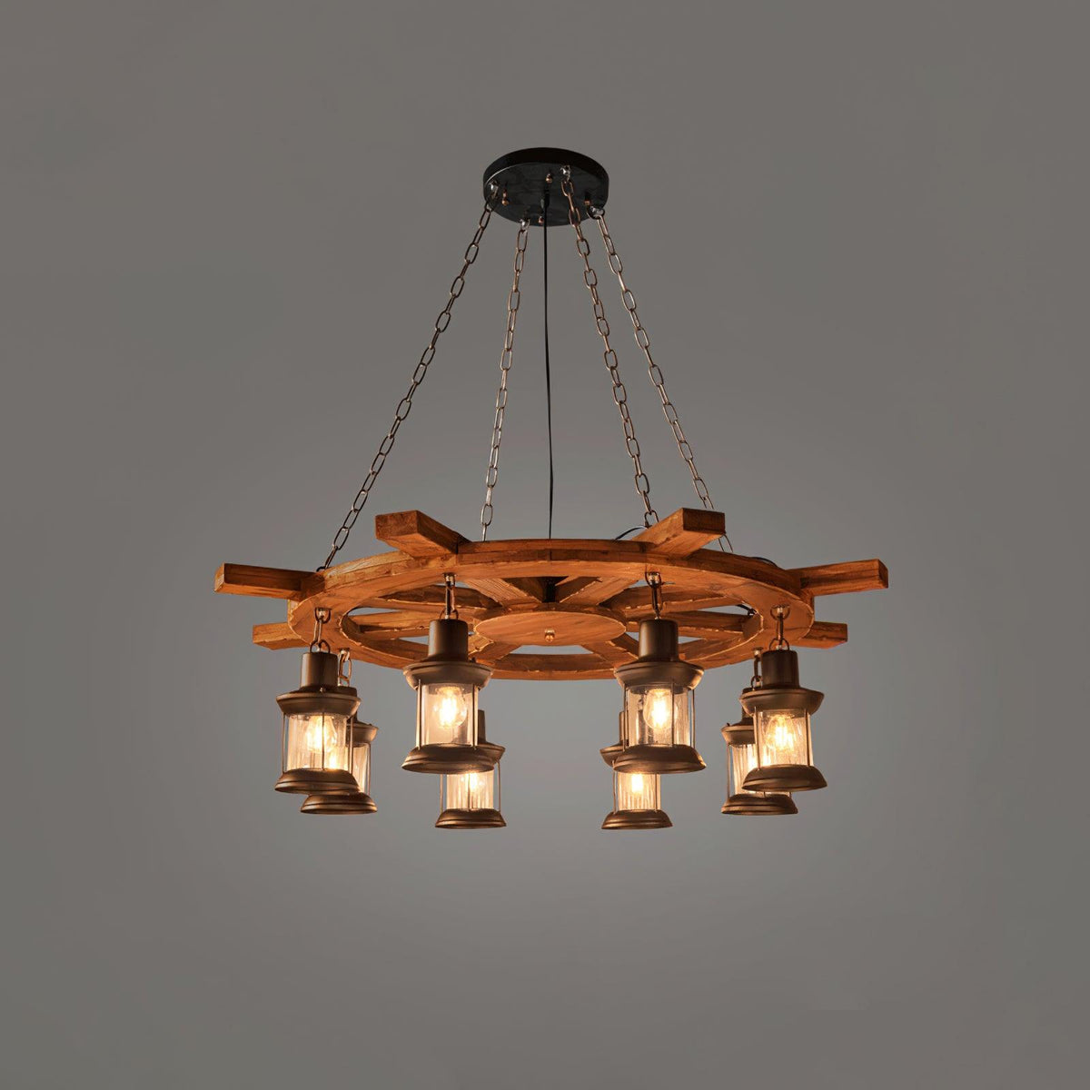 Nautical Industrial Style Wooden Chandelier Model G ? 31.5″ x H 39.4″ / Dia 80cm x H 100cm / Black & Brown wood & Clear