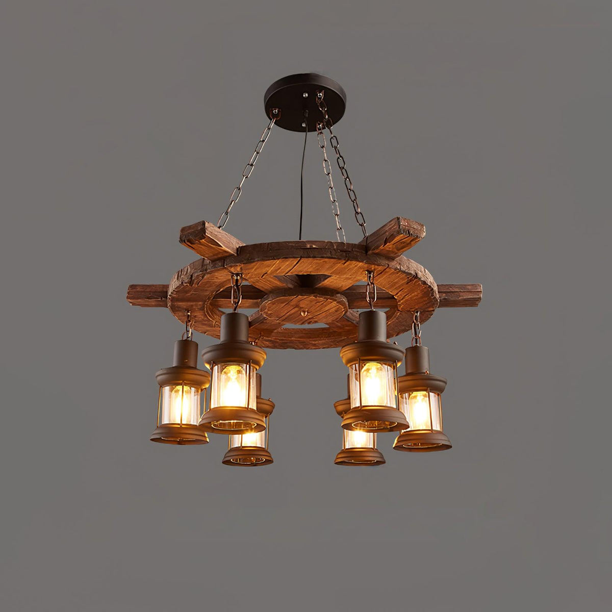 Nautical Industrial Style Wooden Chandelier Model F ? 30.7″ x H 39.4″ / Dia 78cm x H 100cm / Black & Brown wood & Clear
