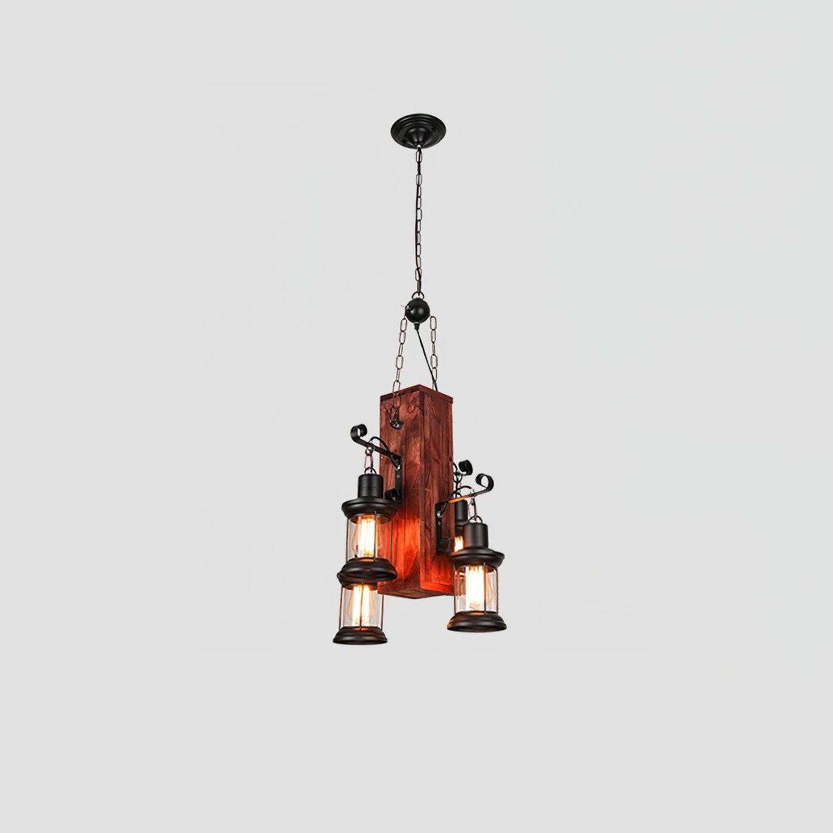 Nautical Industrial Style Wooden Chandelier Model B ? 17.7″ x H 39.4″ / Dia 45cm x H 100cm / Black & Brown wood & Clear