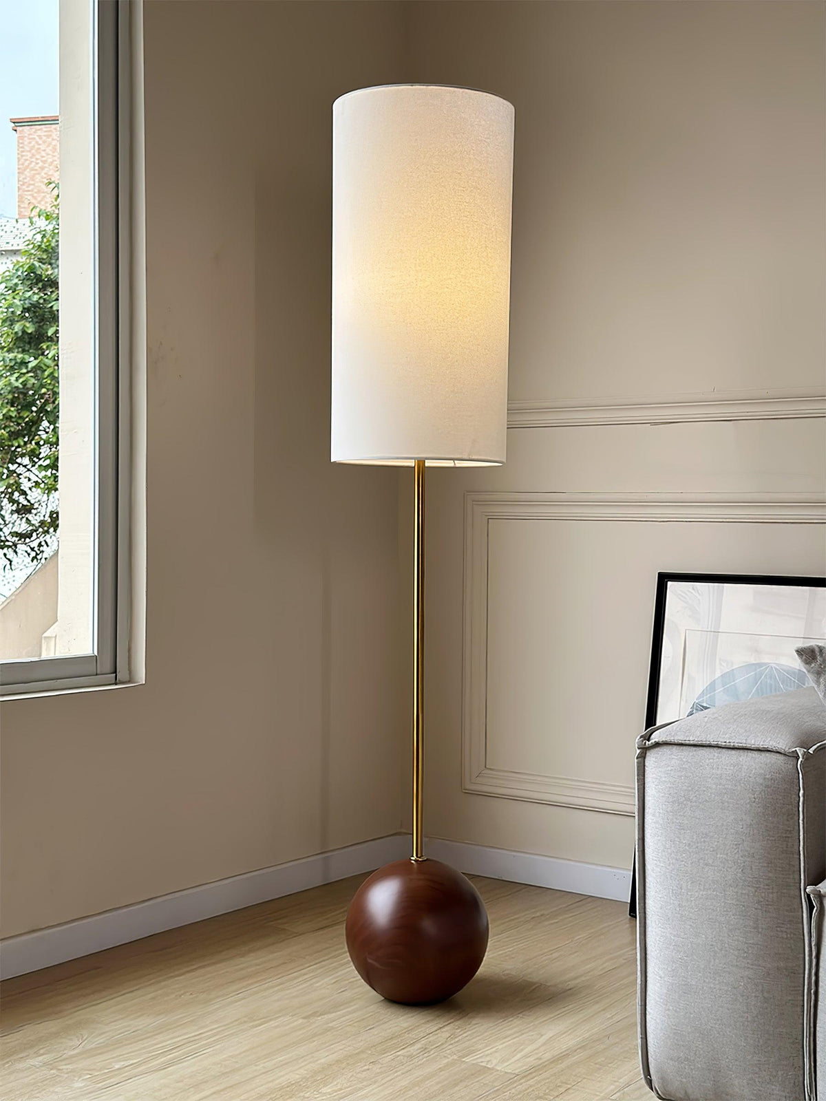 Orbis Wooden Sphere Floor Lamp ∅ 11″ x H 60.2″ / Dia 28cm x H 153cm / Walnut Wood & White / US Plug Floor lamp
