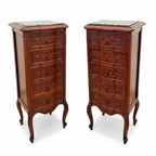 Pair of Antique French Walnut Marble Top Five Drawer Nightstands