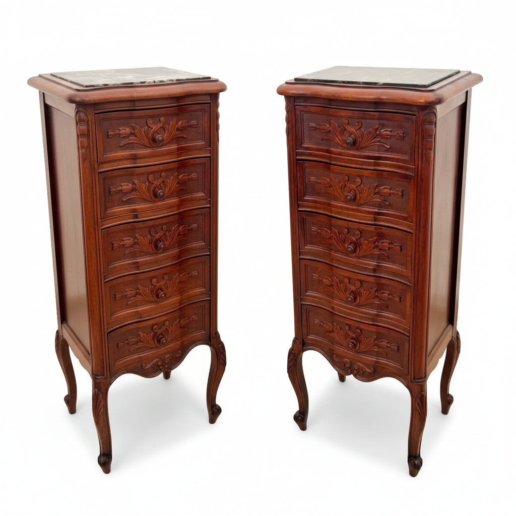 Pair of Antique French Walnut Marble Top Five Drawer Nightstands