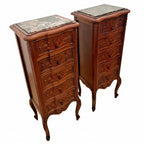 Pair of Antique French Walnut Marble Top Five Drawer Nightstands
