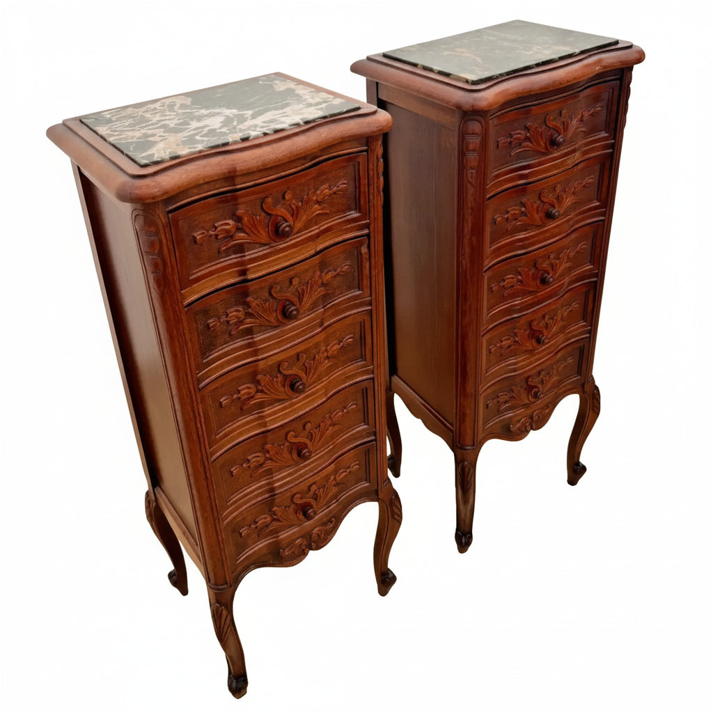 Pair of Antique French Walnut Marble Top Five Drawer Nightstands