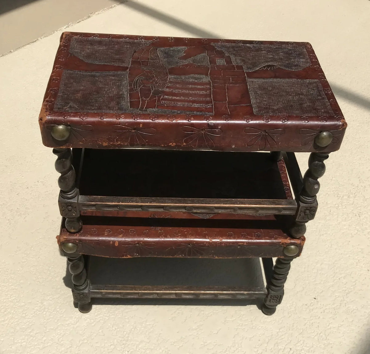 Pair of Early 20th Century Oak Stools with Embossed Leather Tops