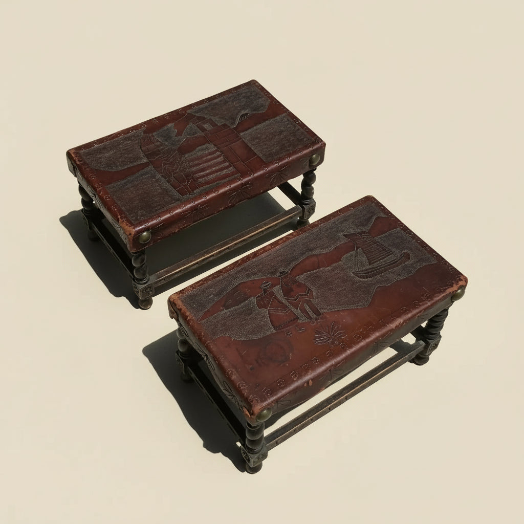 Pair of Early 20th Century Oak Stools with Embossed Leather Tops