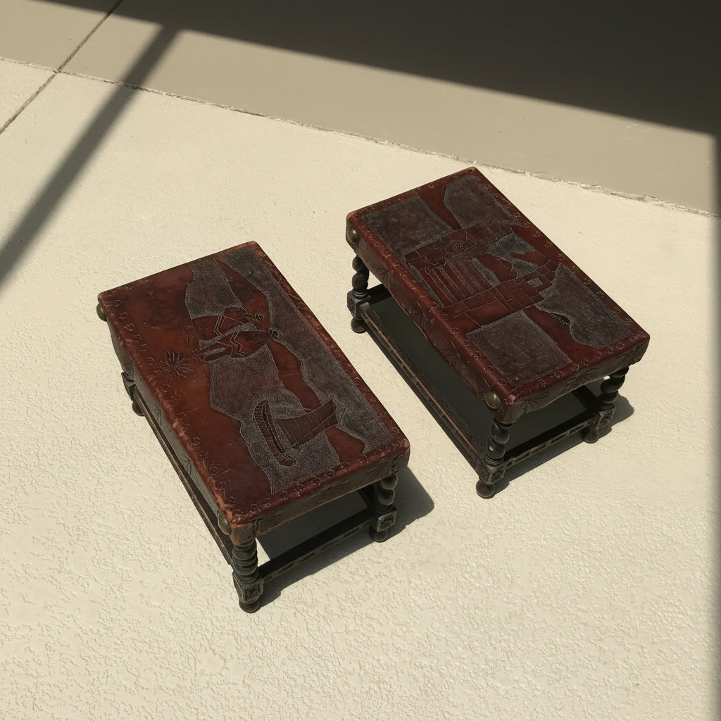 Pair of Early 20th Century Oak Stools with Embossed Leather Tops
