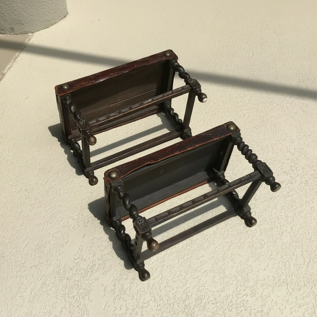 Pair of Early 20th Century Oak Stools with Embossed Leather Tops