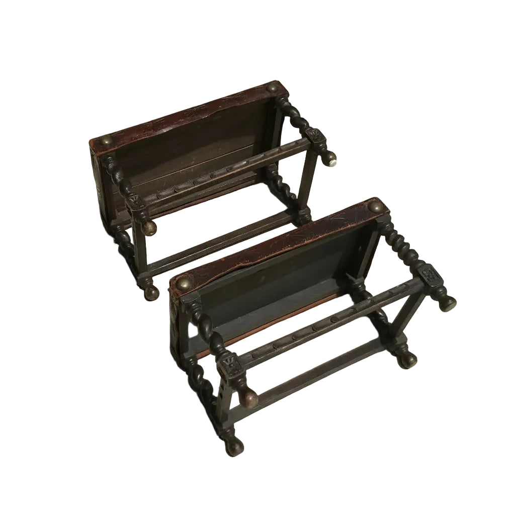 Pair of Early 20th Century Oak Stools with Embossed Leather Tops