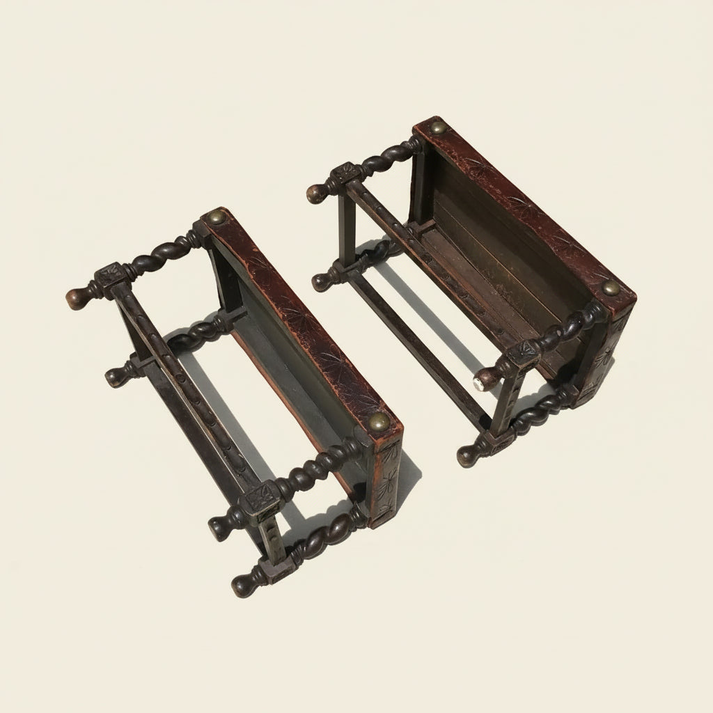 Pair of Early 20th Century Oak Stools with Embossed Leather Tops