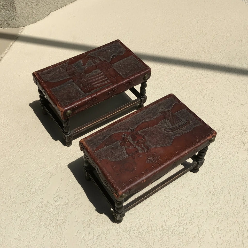 Pair of Early 20th Century Oak Stools with Embossed Leather Tops