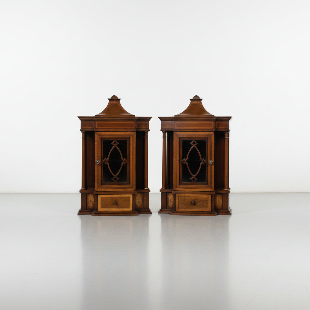 Pair of English Edwardian Inlaid Mahogany Hanging Display Cabinets