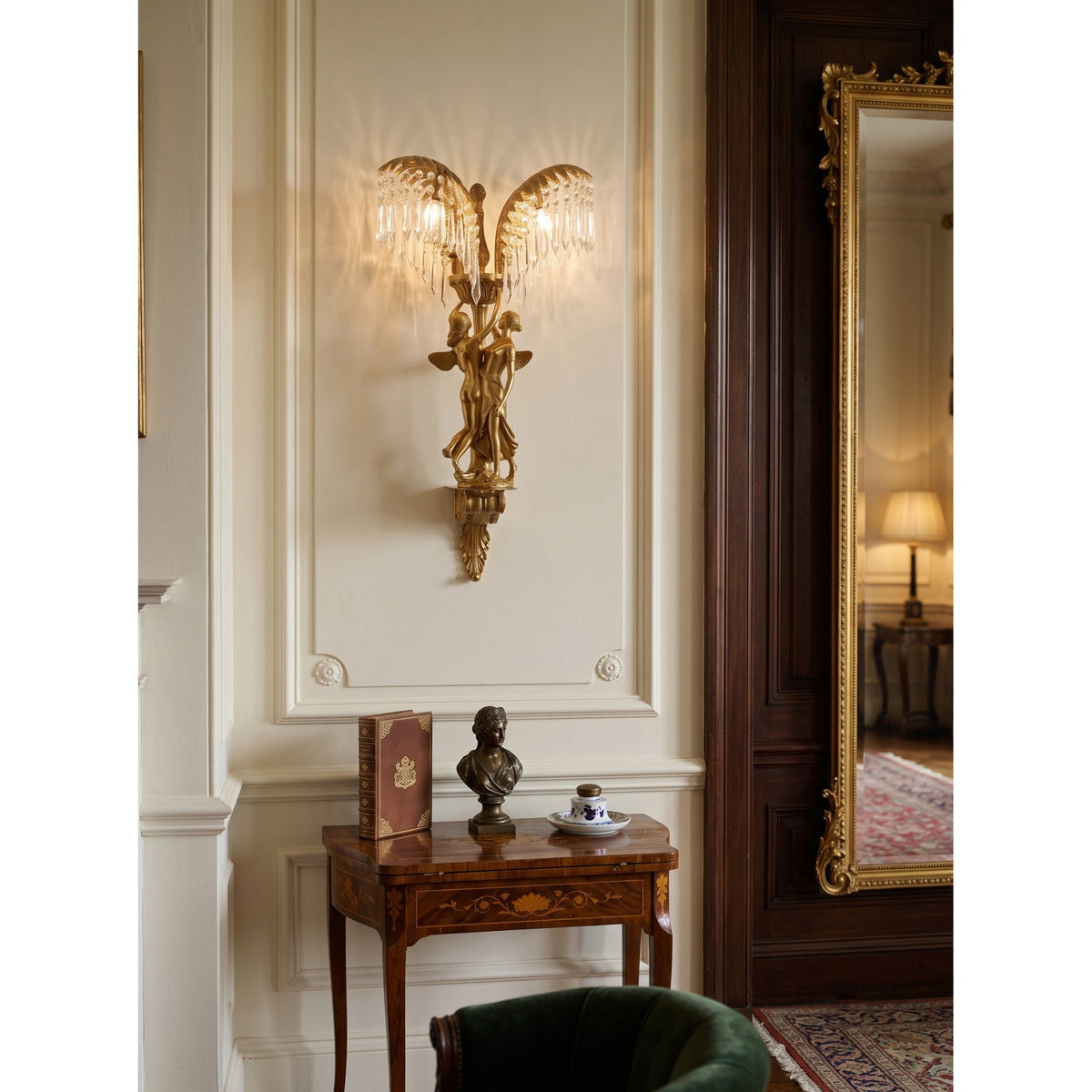 Brass Palm Leaf Crystal Wall Sconce