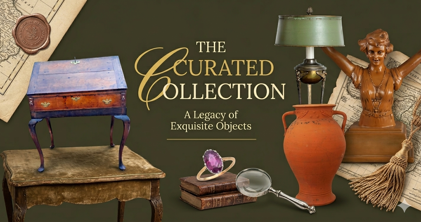 Display of various objects with 'The Curated Collection' text on a dark background