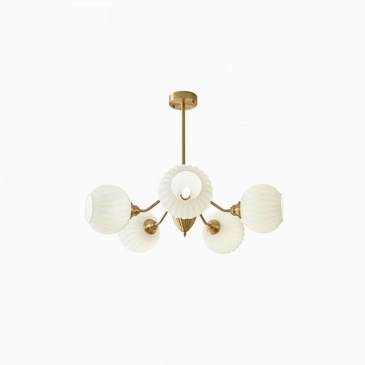 Ribbed Glass Ball Chandelier 5 Heads ∅ 31.5″ x H 9.8″ / Dia 80cm x H 25cm / Brass & White Chandelier