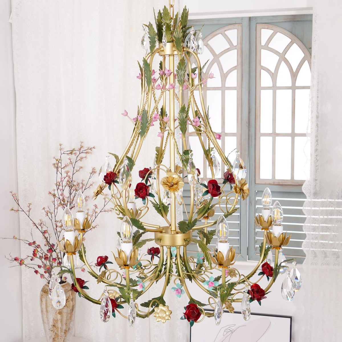 Rose Love Chandelier 8 heads Φ 31.5″ x H 34.6″ / Dia 80cm x H 88cm / Gold & Green & Red Chandelier