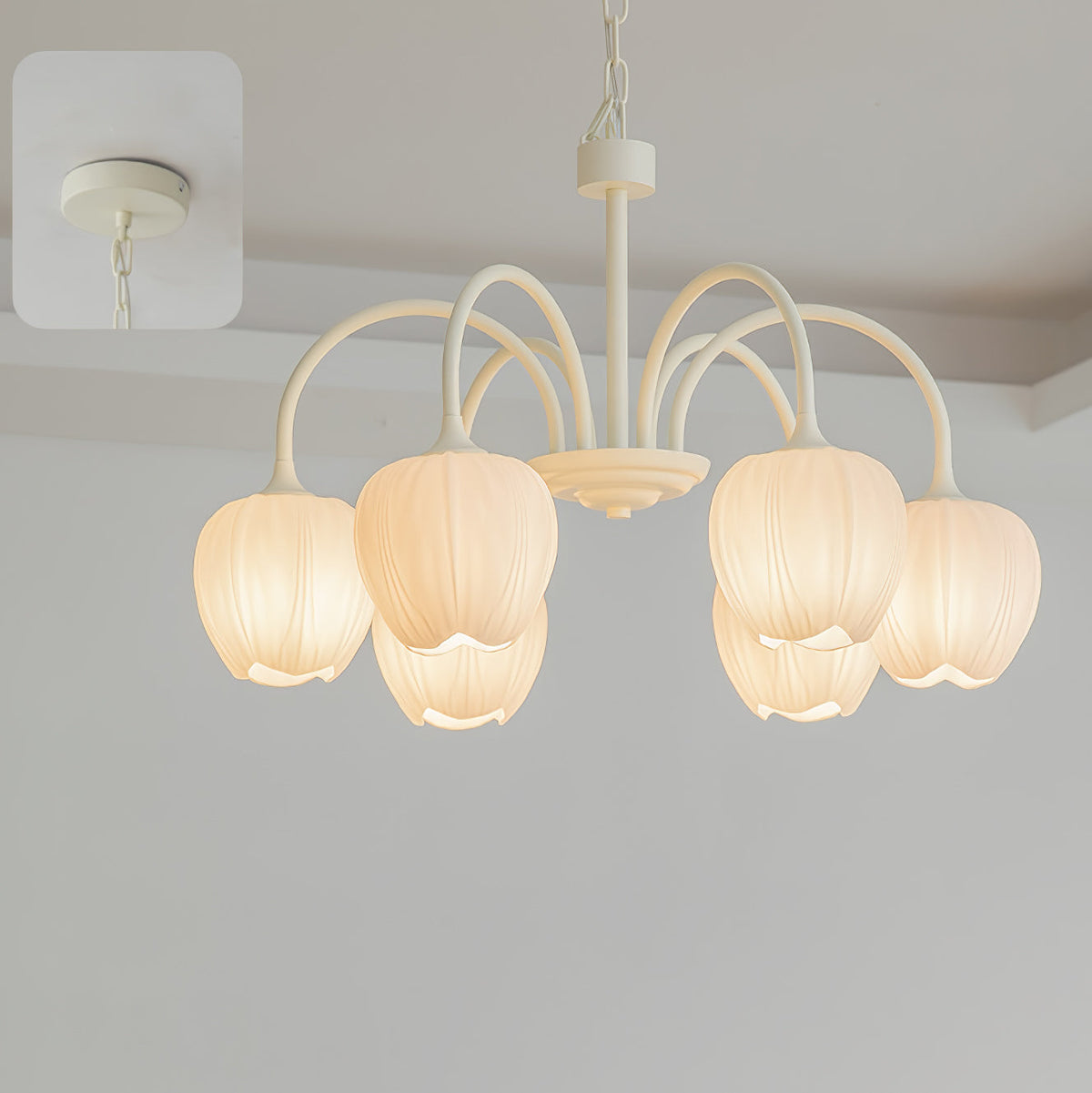 Tulip Matcha Chandelier 6 heads ? 25.6″ x H 15.7″ / Dia 65cm x H 40cm / Creamy white & White glass Chandelier