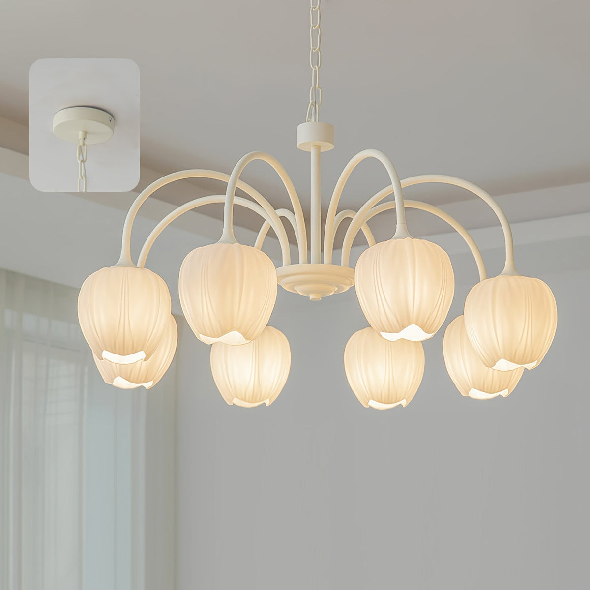 Tulip Matcha Chandelier 8 heads ? 30.7″ x H 15.7″ / Dia 78cm x H 40cm / Creamy white & White glass Chandelier