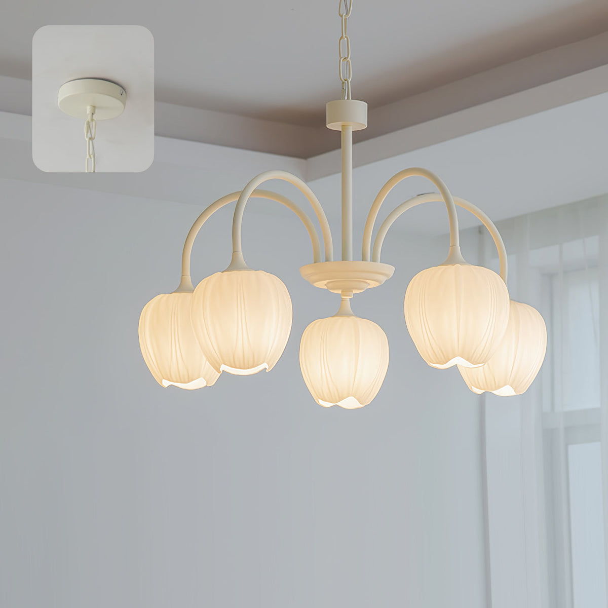 Tulip Matcha Chandelier 5 heads ? 24.4″ x H 15.7″ / Dia 62cm x H 40cm / Creamy white & White glass Chandelier