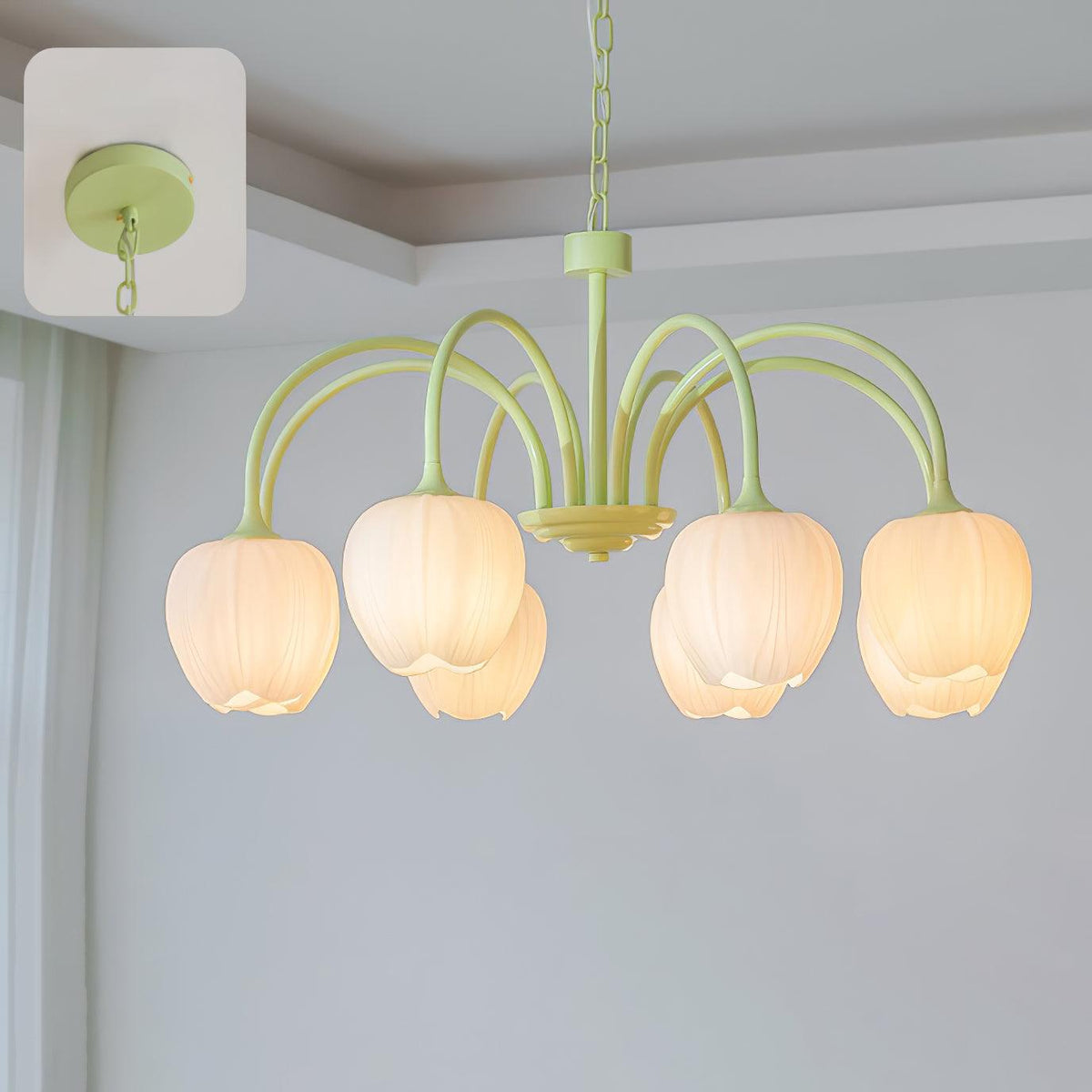 Tulip Matcha Chandelier 8 heads ? 30.7″ x H 15.7″ / Dia 78cm x H 40cm / Matcha & White glass Chandelier