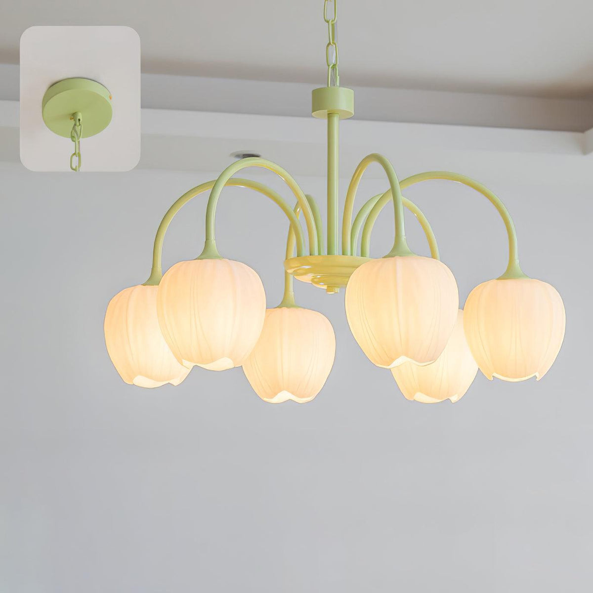 Tulip Matcha Chandelier 6 heads ? 25.6″ x H 15.7″ / Dia 65cm x H 40cm / Matcha & White glass Chandelier