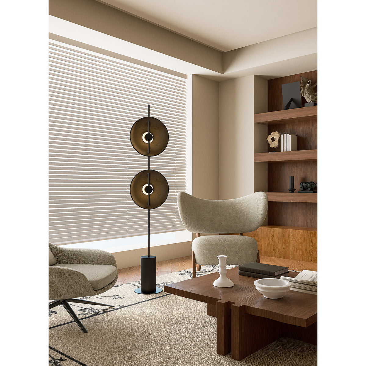 Twin Disc Wood Floor Lamp